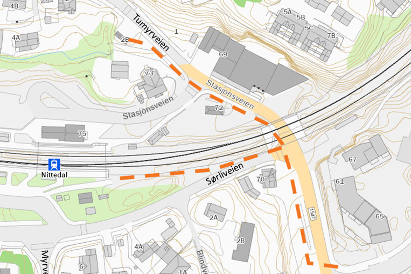 Kart over det aktuelle området med markering av veien