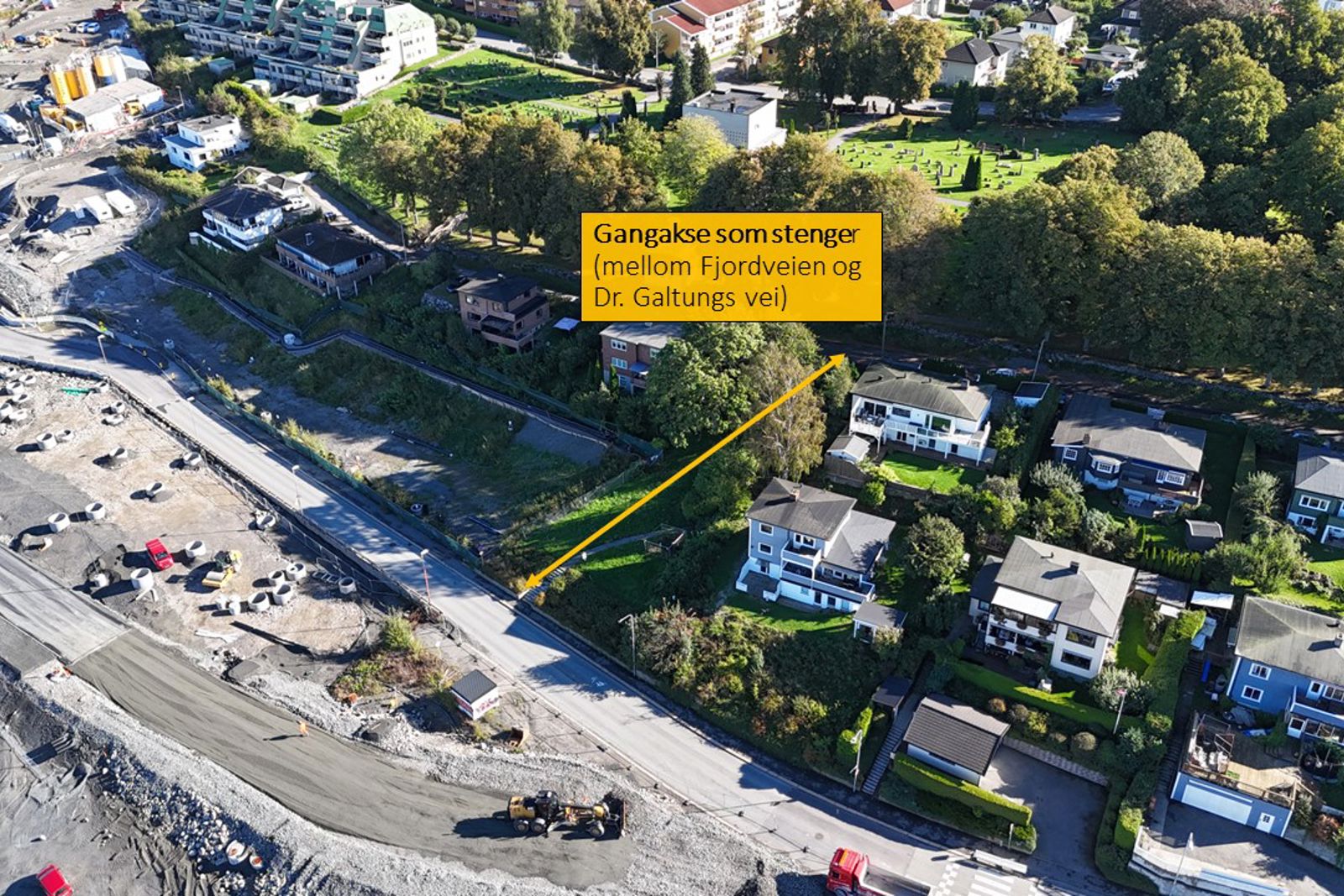 Dronebilde som viser den aktuelle gangaksen.