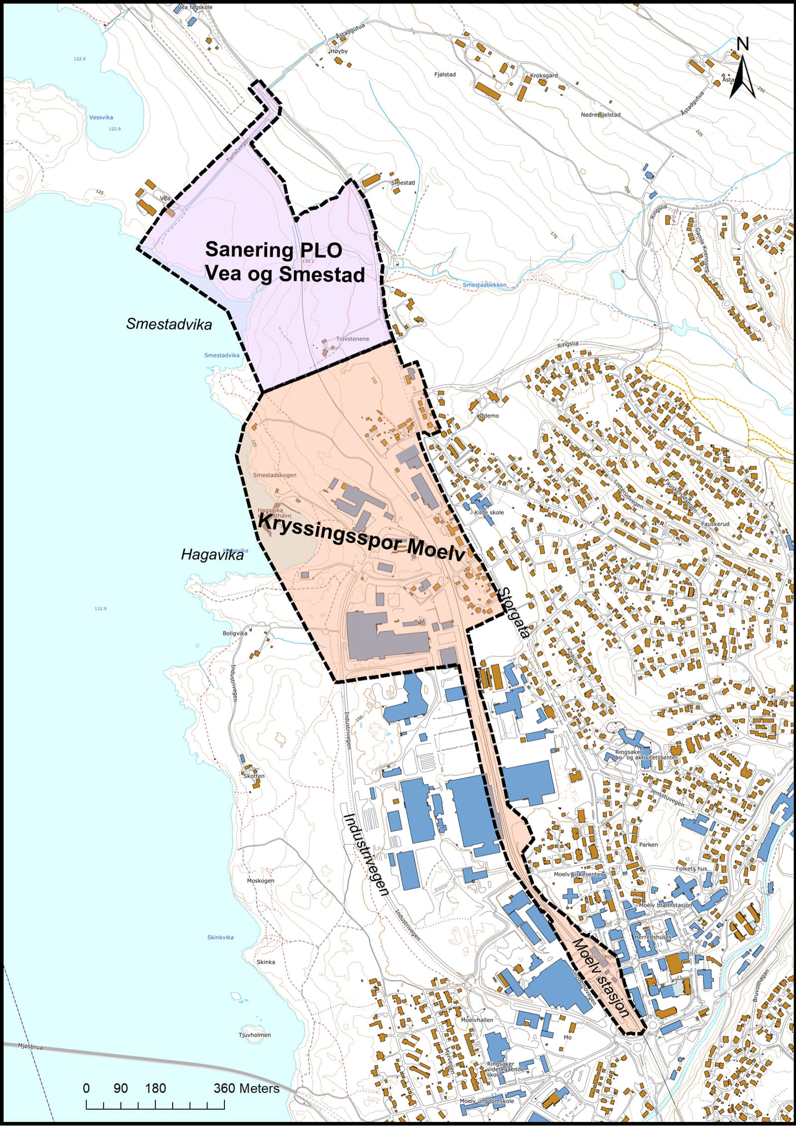 Kart som viser planavgrensing for kryssingsspor og planoverganger i Moelv.