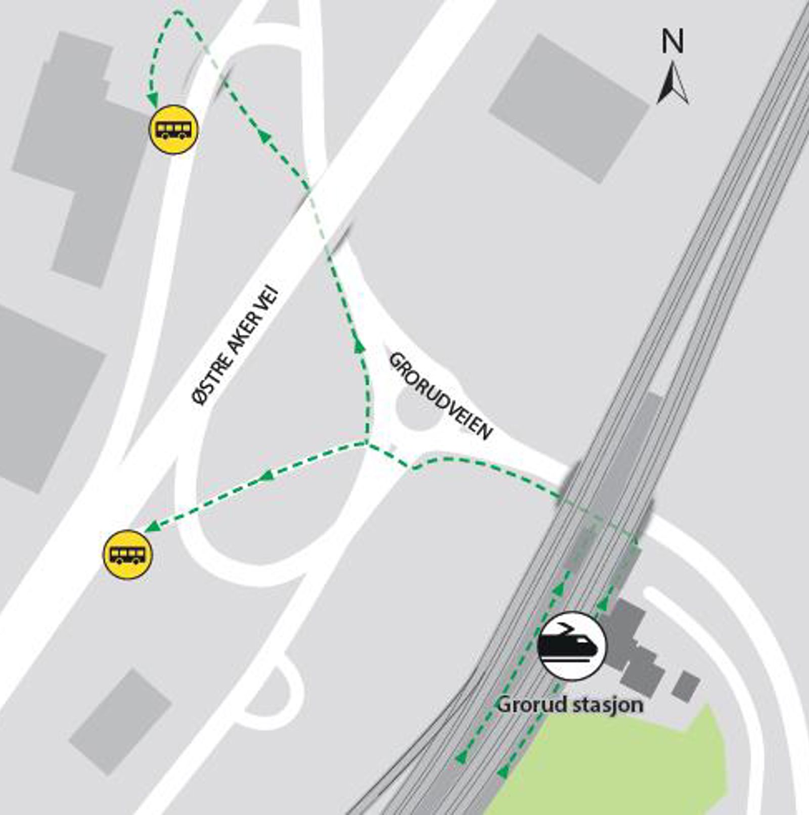 Når det er buss for tog, kjører busser til Oslo S fra påkjøringsrampen til Østre Aker vei.