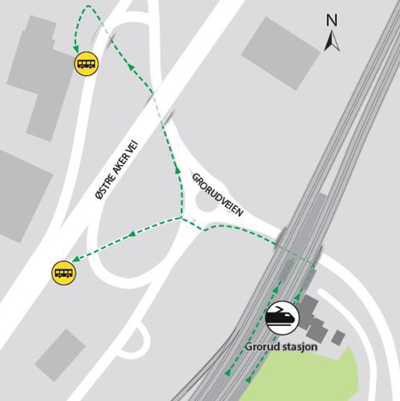 Når det er buss for tog, kjører busser til Oslo S fra påkjøringsrampen til Østre Aker vei.