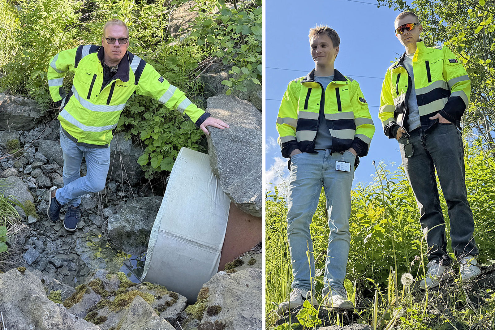 Biletmontasje med hydrologen ved ei stikkrenne og studentane ute i felt.
