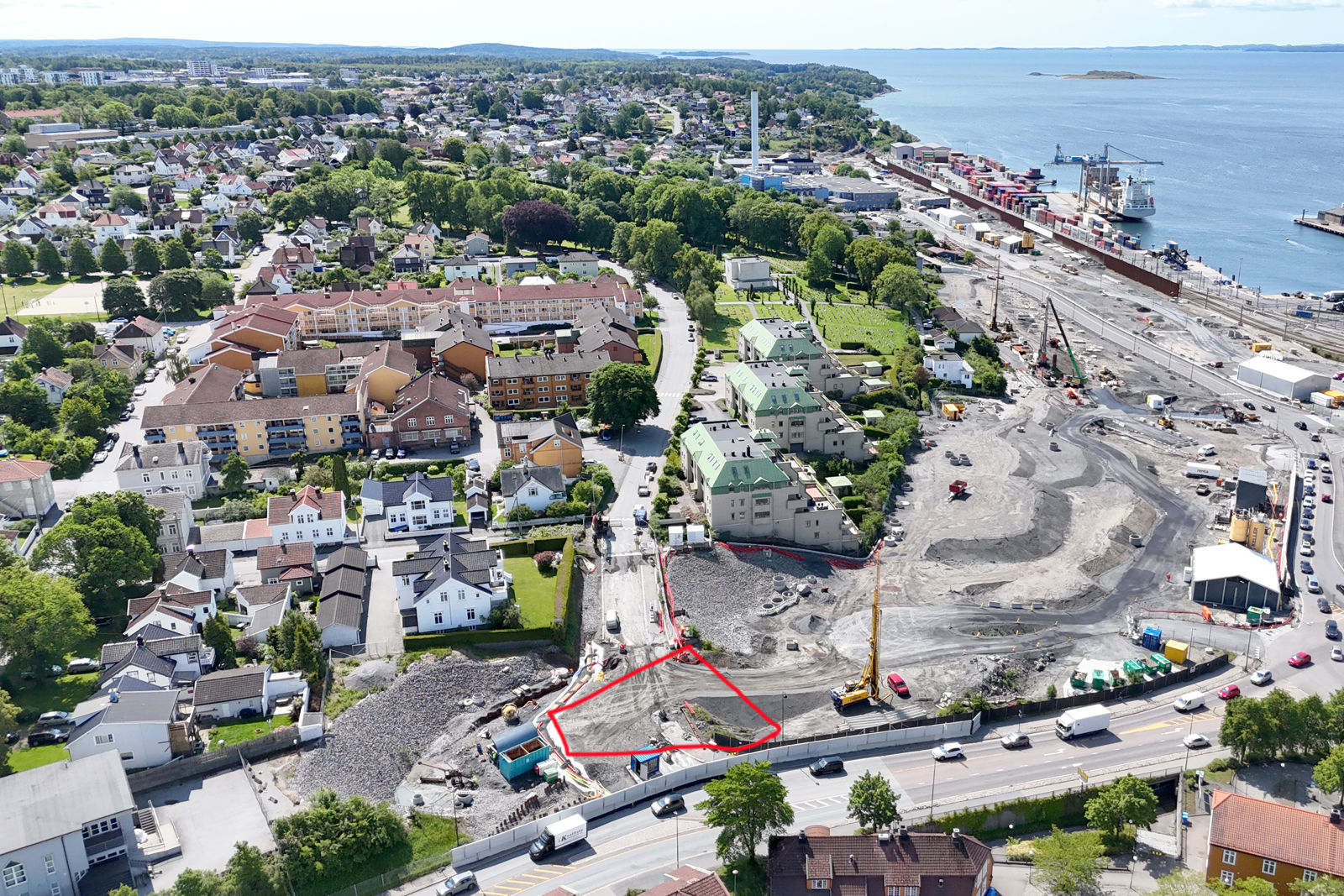 Dronefoto som viser området der det skal settes jetpeler. 