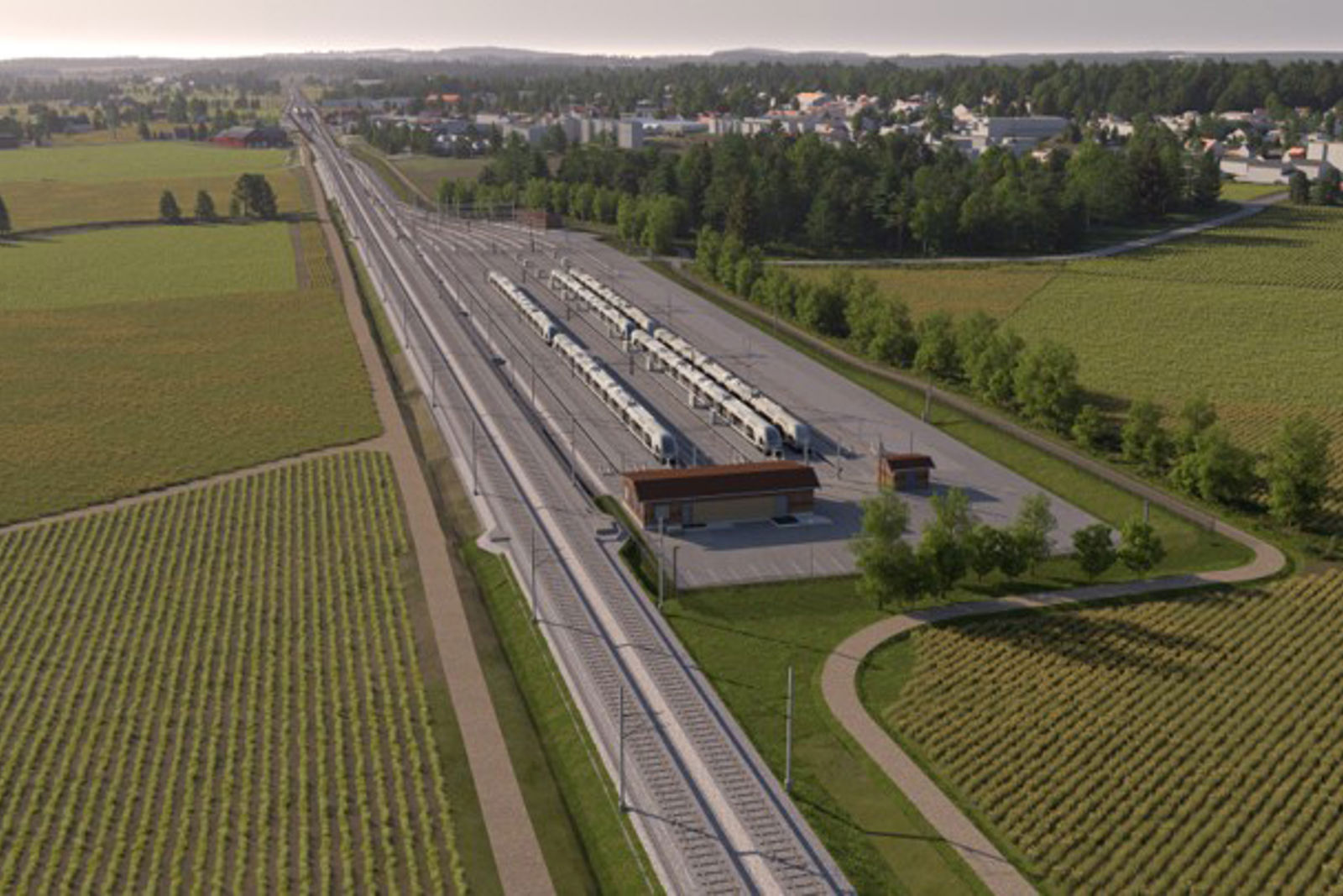 Togparkeringsanlegg og togspor sett fra fugleperspektiv.