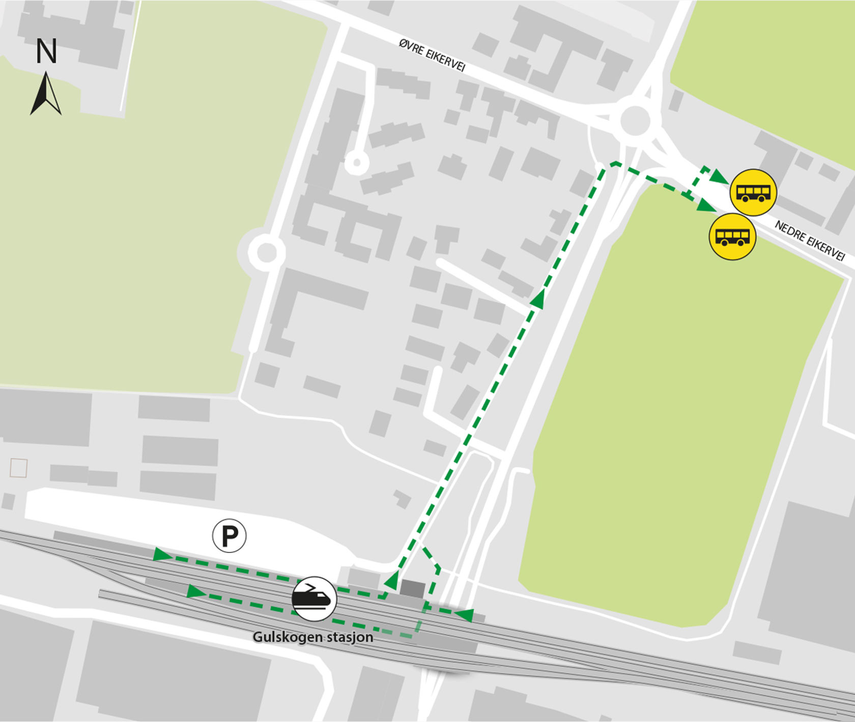 Map shows rail replacement service departs from Gulskogen gård bus stops located in Nedre Eikervei.