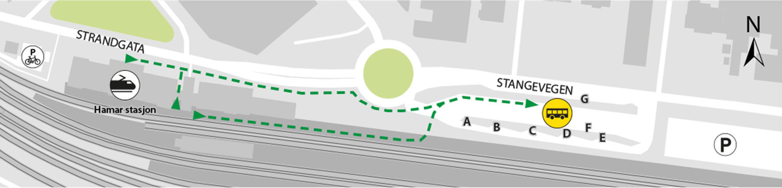 Kartet viser at bussene kjører fra bussholdeplassen på Hamar skysstasjon, mellom plattform F og G. 