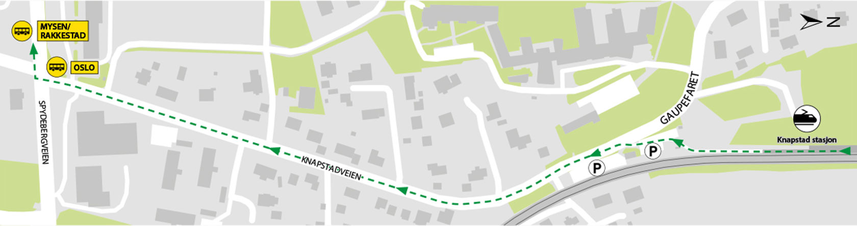 Map shows rail replacement service departs from bus stops Knapstad located in Spydebergveien.