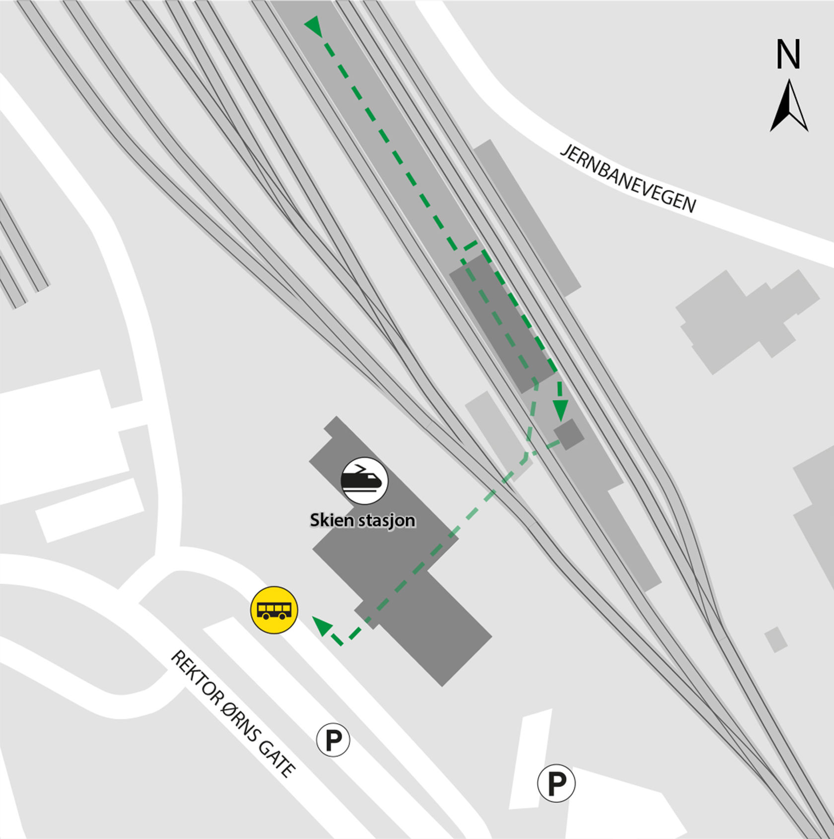 Map shows rail replacement service departs from bus stop Skien station.