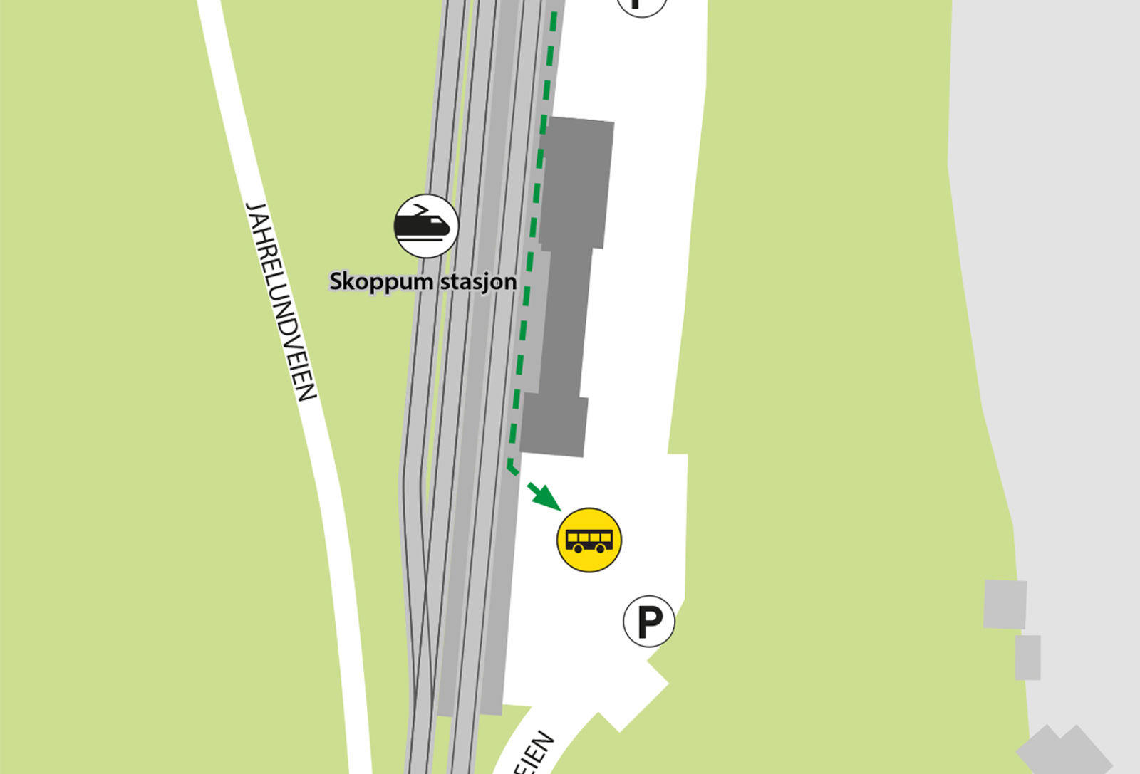 Kartet viser at bussene kjører fra bussholdeplassen Skoppum stasjon. 