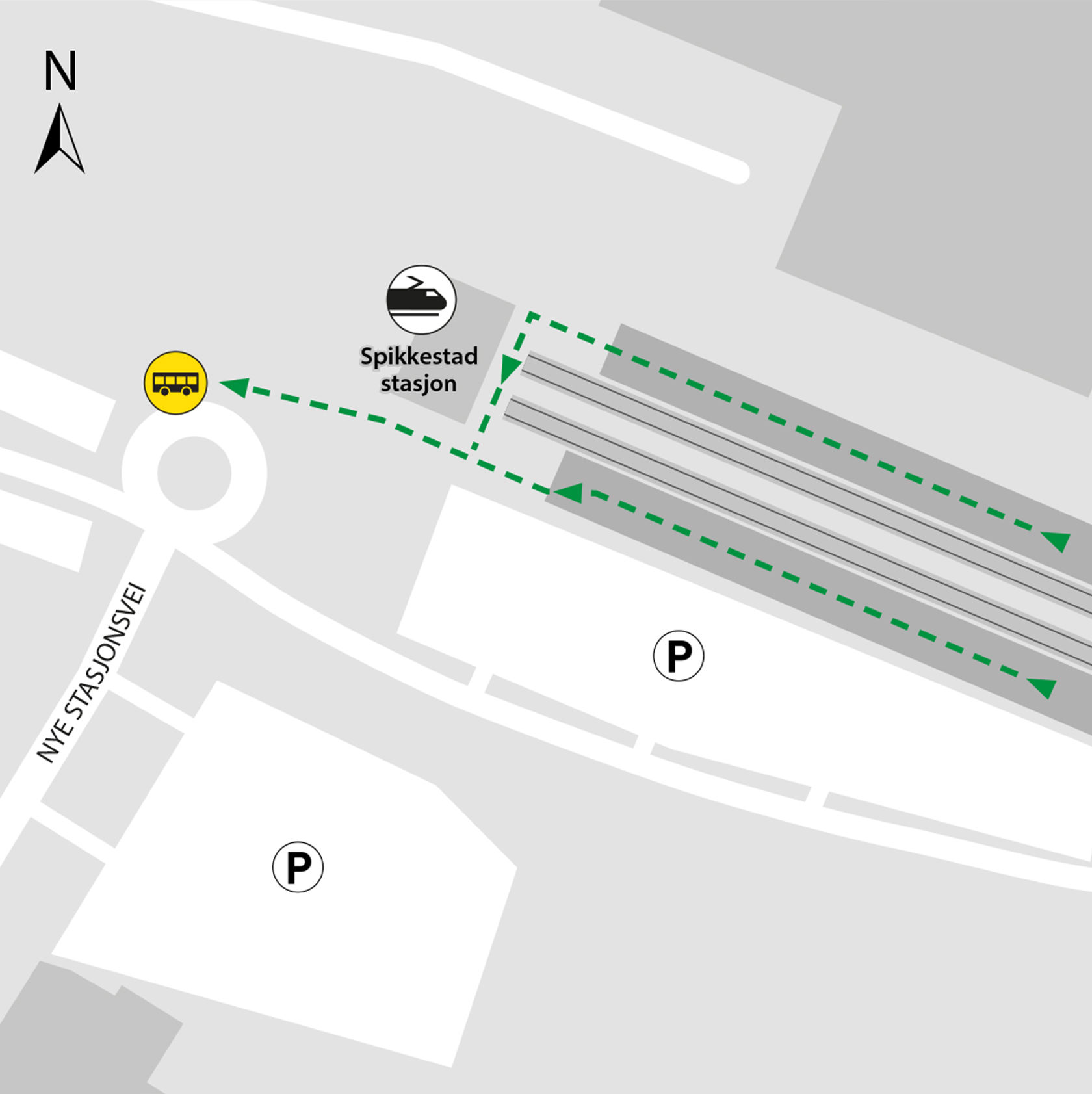 Map shows rail replacement service departs from the roundabout at the parking lot.