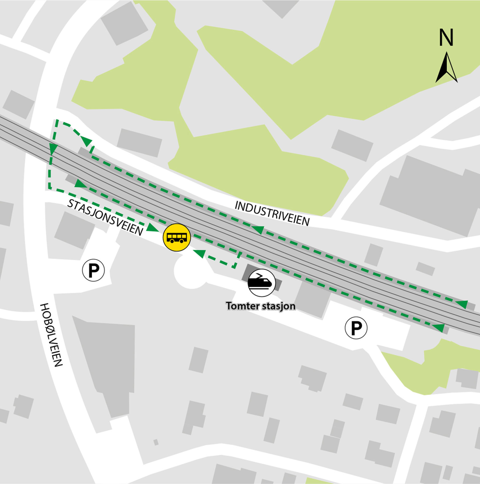 Map shows rail replacement service departs from bus stop Tomter station.