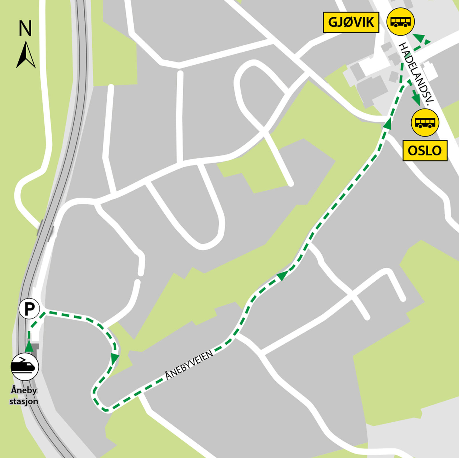 Map shows rail replacement service departs from bus stop Åneby located in Hadelandsveien, RV4.