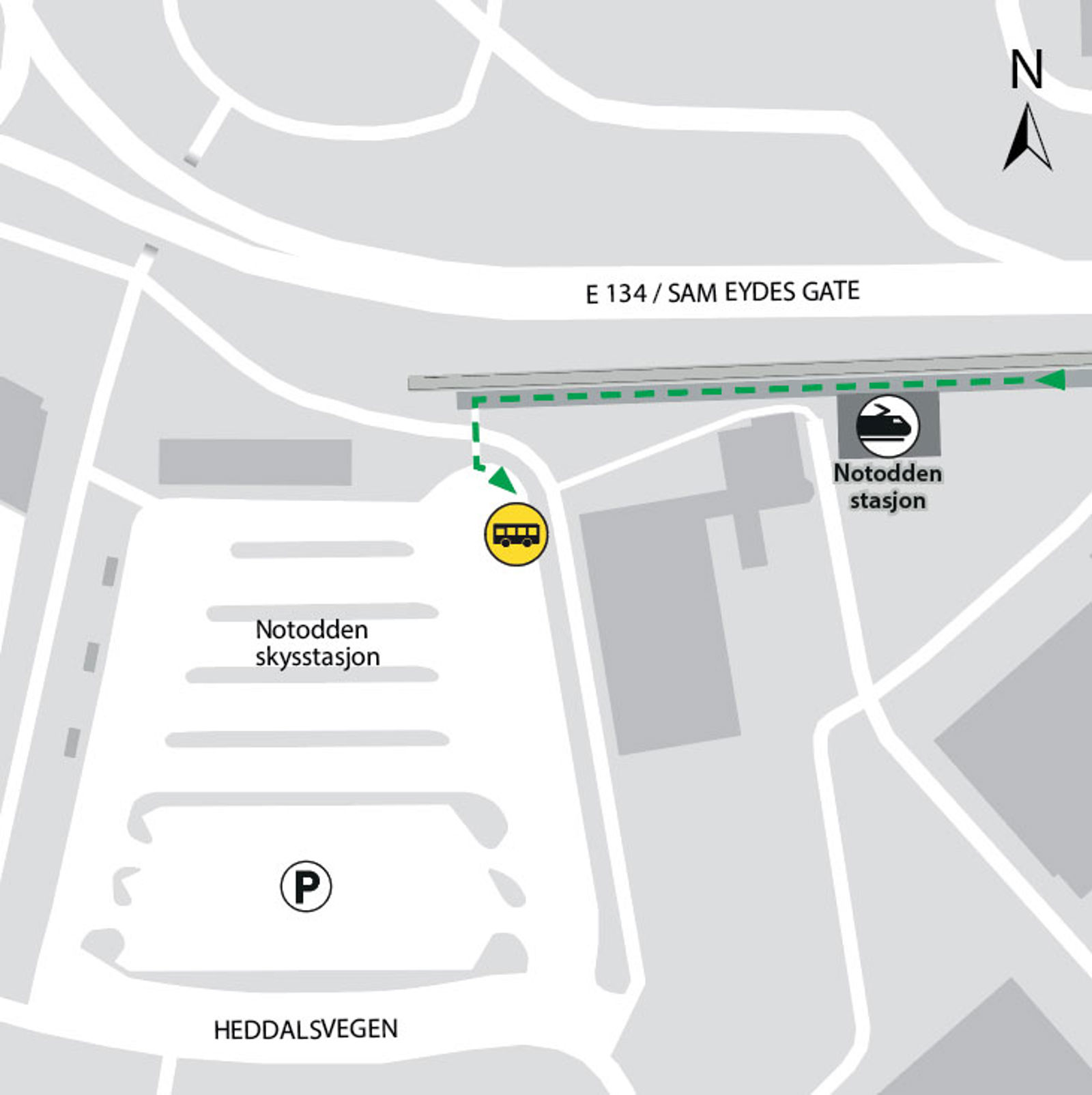 Bildet viser hvor bussene stopper ved buss for tog.