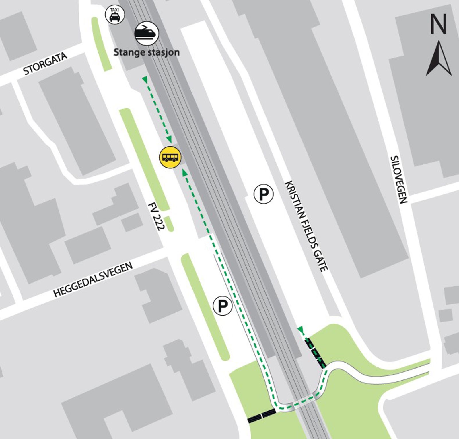 Kartet viser at bussene kjører fra bussholdeplassen på Stange skysstasjon.