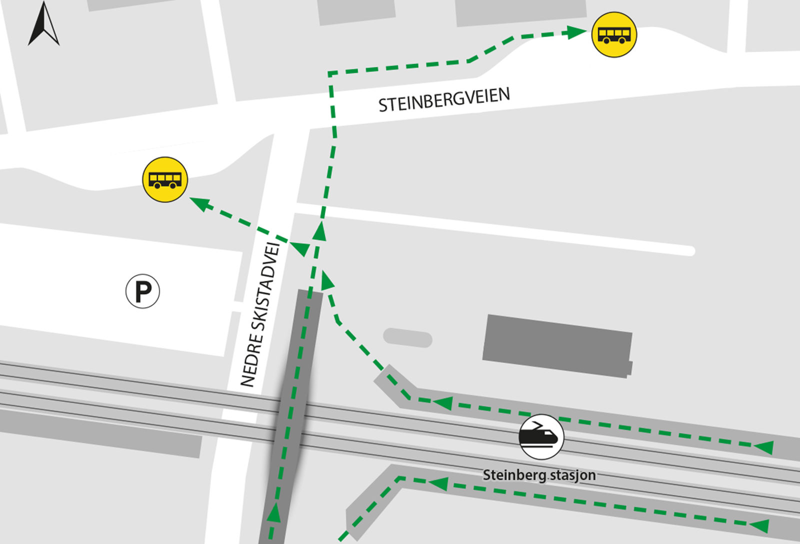 Map shows rail replacement service departs from Steinbergveien bus stops.