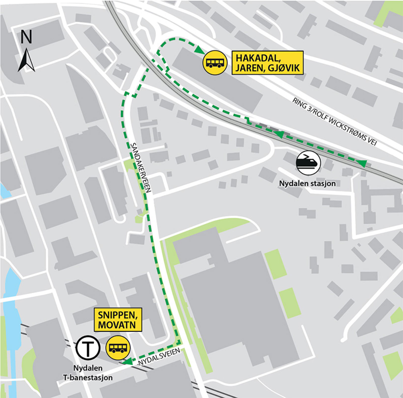 Kartet viser at bussene kjører fra bussholdeplassene Nydalen stasjon i Rolf Wickstrøms vei