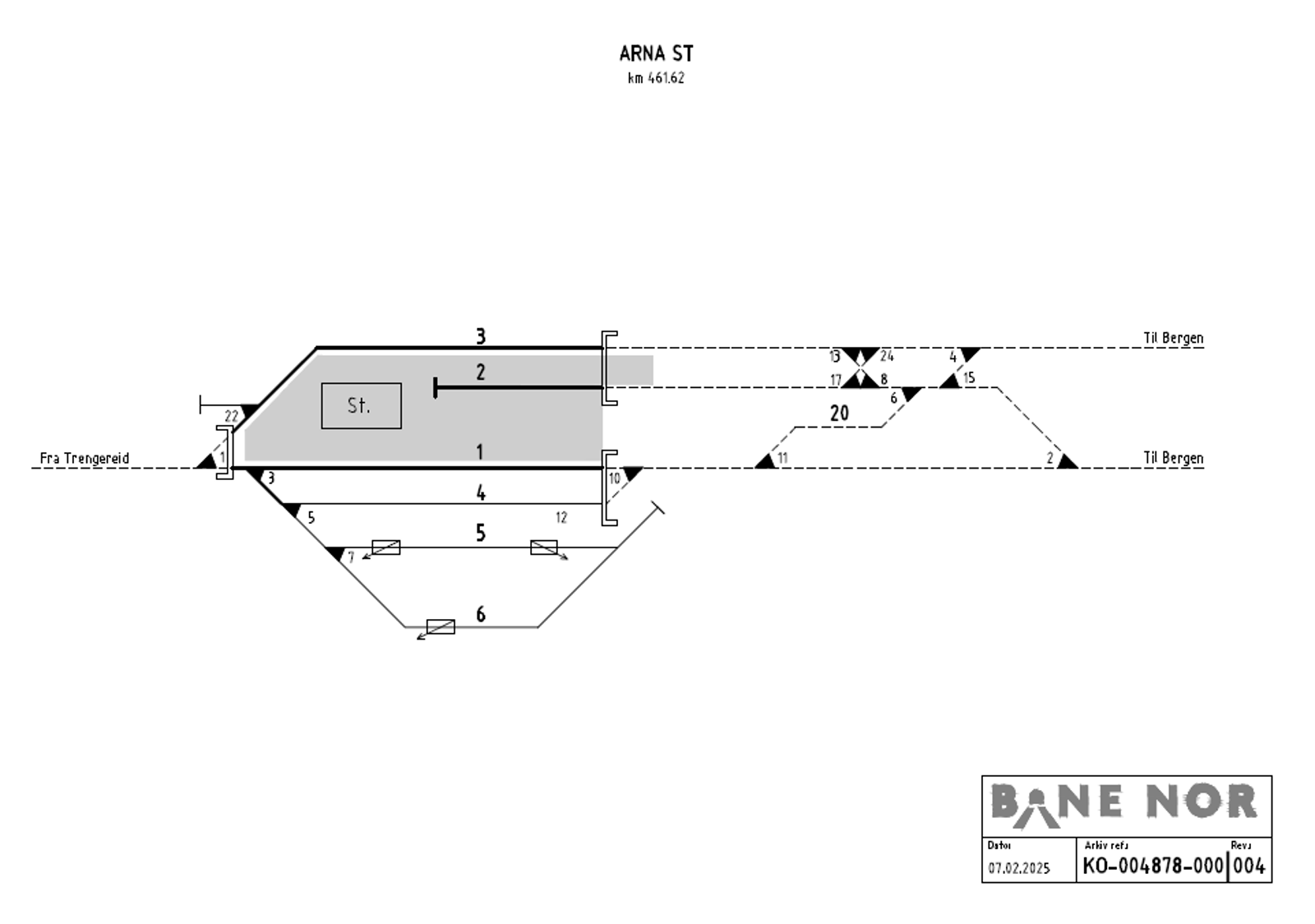 Schematic track plan for Arna station depicting tracks and track numbers. 